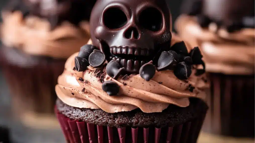 chocolate cupcakes decorated with skulls and berries