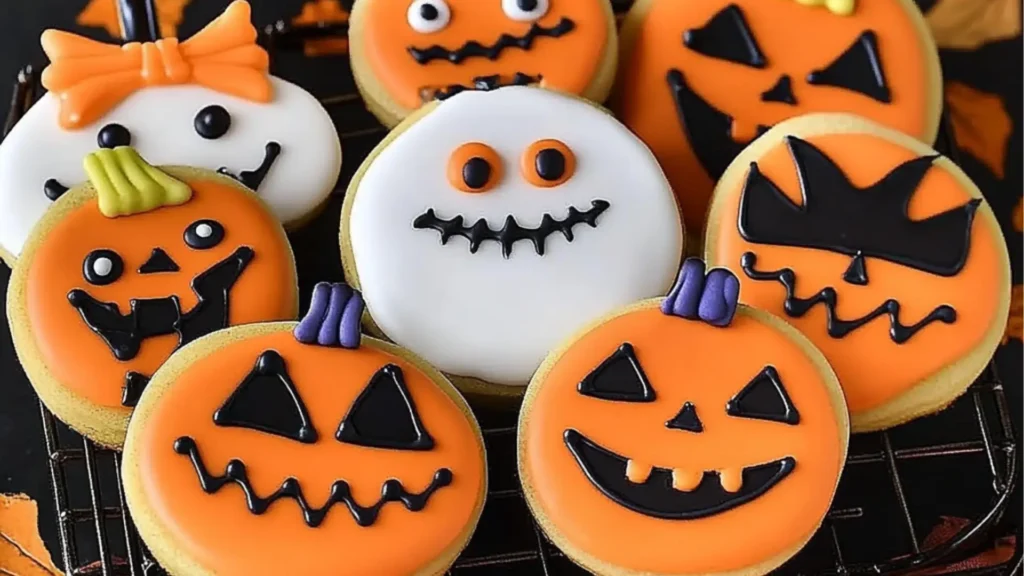 four cookies decorated with halloween candy and marshmallows on a white marble surface