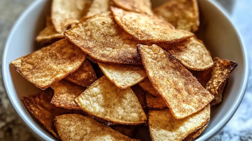 cinnamon sugar tortilla chips stacked on top of each other with text overlay