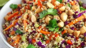 a white bowl filled with salad next to another bowl full of vegetables and nuts, along with the words crunchy thai peanut quinoa salad vegan - free make - ahead