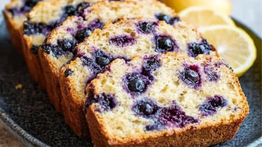 blueberry lemon quick bread on a white plate with the words sourdough discard blueberry lemon quick bread