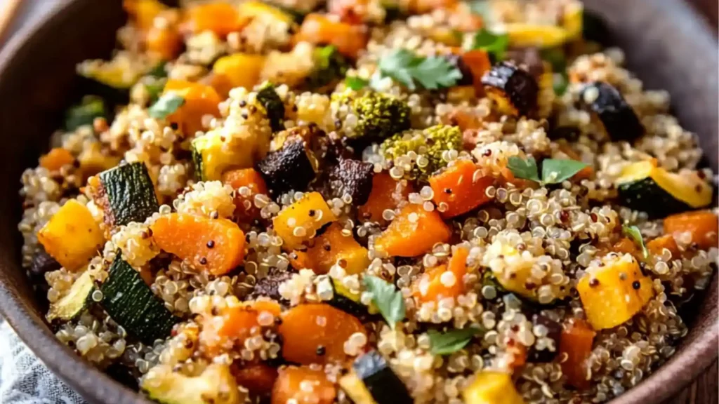 roasted vegetables and quinoa bowl with text overlay