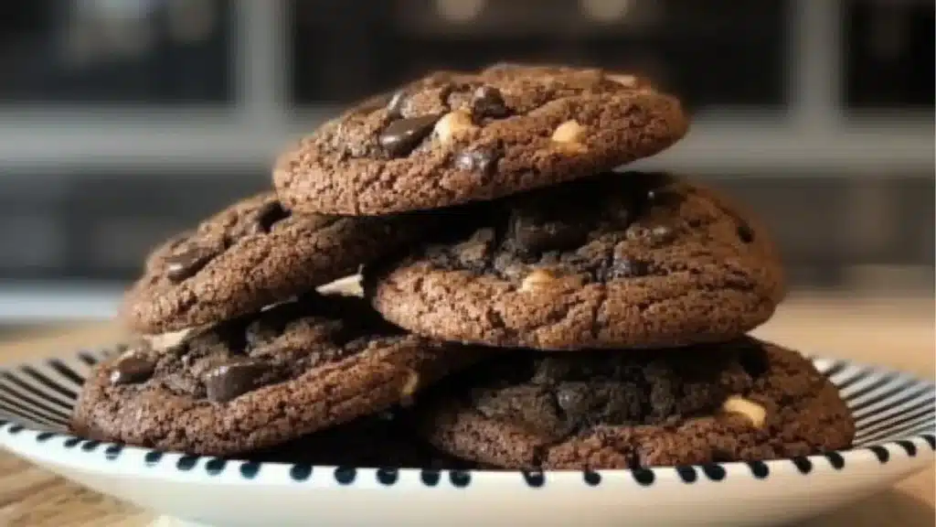 chocolate chip cookies on a cooling rack with text overlay that reads, espresso chocolate chip cookies topped with flaky sea salt