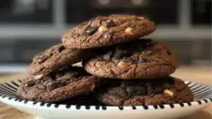 chocolate chip cookies on a cooling rack with text overlay that reads, espresso chocolate chip cookies topped with flaky sea salt