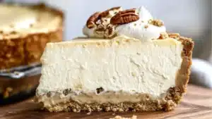 a piece of cheesecake on a wooden cutting board