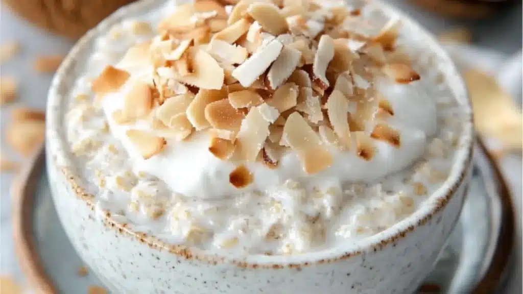 coconut cream pie overnight oatmeal in two jars with text overlay that reads easy homemade coconut cream pie overnight oats