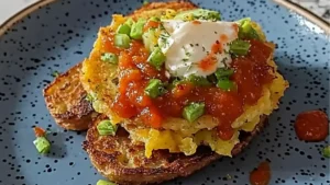 three toasted breakfast hash browns on a white plate with green and yellow sprinkles