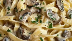 a white plate topped with pasta covered in mushrooms