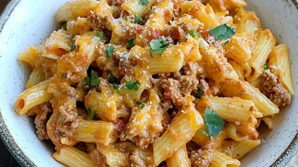 cheesy taco pasta with ground beef and cheese
