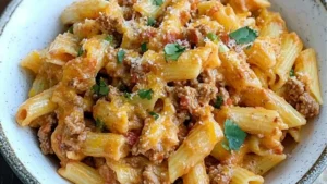 cheesy taco pasta with ground beef and cheese