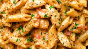 creamy cajun chicken pasta in a skillet with a wooden spoon on the side