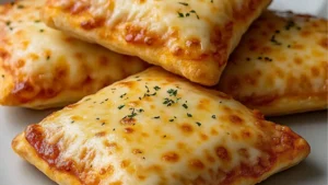 homemade easy cheesy pizza pockets on a white plate with green text overlay