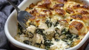 chicken and spinach casserole with cream cheese in a white dish on a table