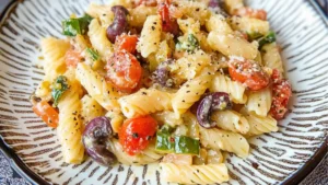 pasta with vegetables and parmesan cheese in a white bowl