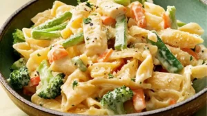 a bowl full of creamy veggie pasta with a fork in it