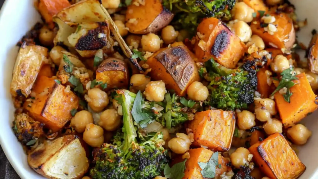 sweet potato chickpea sheet pan dinner with vegan and easy to make