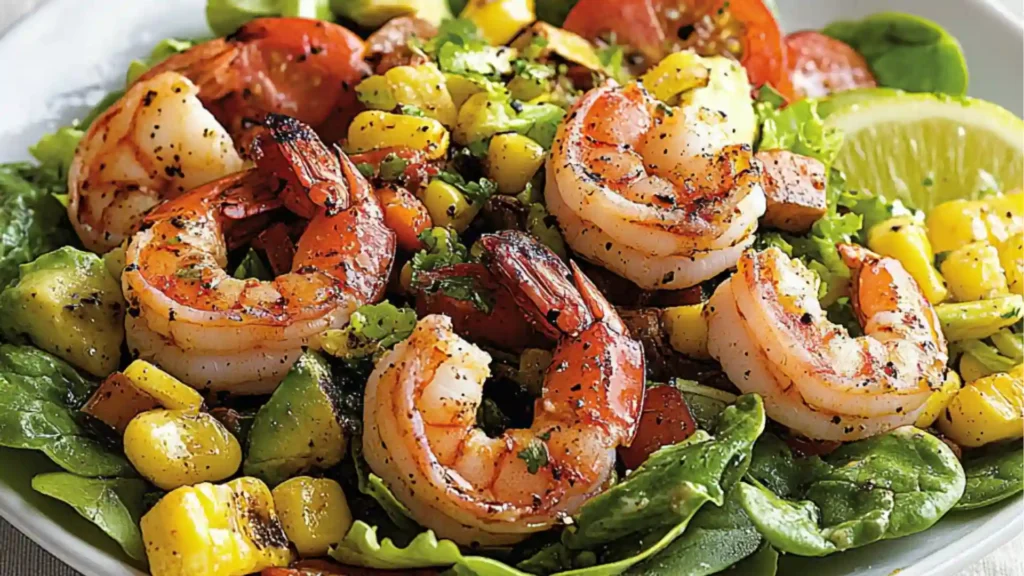 southwest chopped shrimp salad with lettuce, tomatoes and black beans