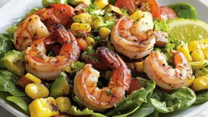 southwest chopped shrimp salad with lettuce, tomatoes and black beans