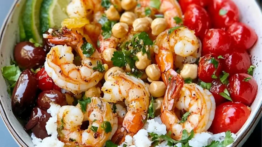 two bowls filled with shrimp, cucumber and tomato salad