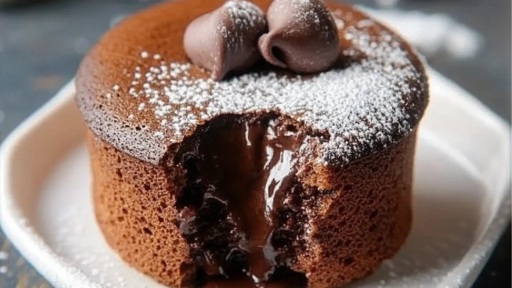 chocolate souffle with powdered sugar on top and spoons in the background
