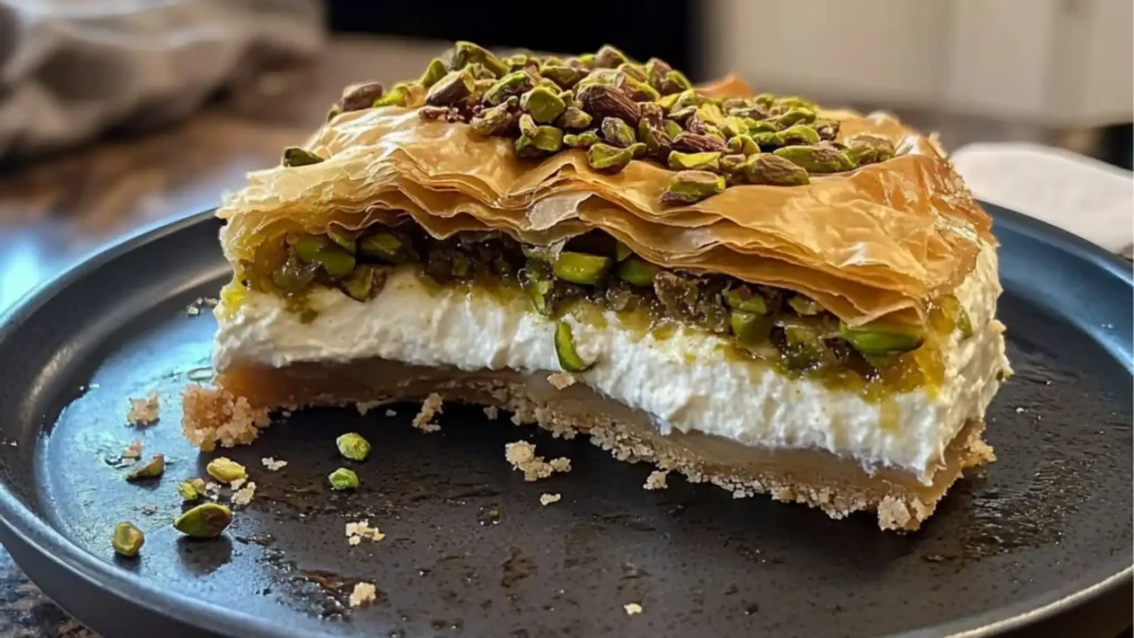 two different pictures of a dessert with nuts on top