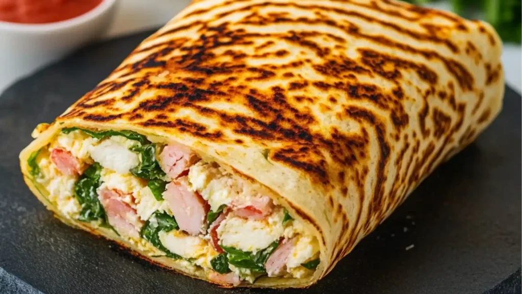 a sandwich wrap with cheese and vegetables in it, on top of parchment paper