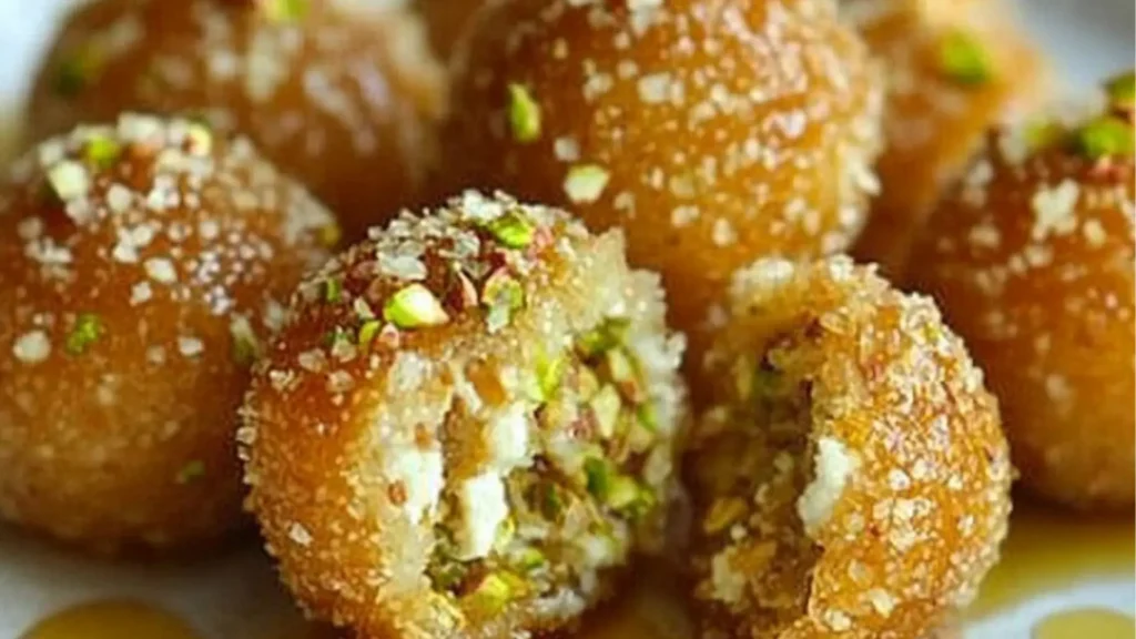 several pieces of bread with pistachio and honey bits on top in a white dish