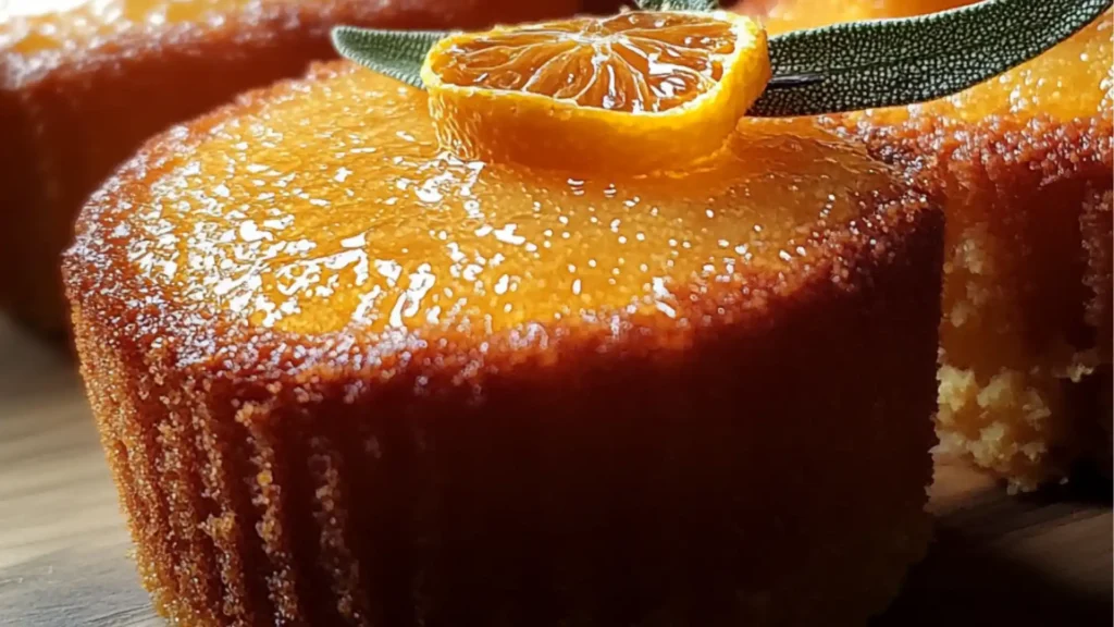 orange ginger honey cakes with rosemary sprigs on top and the title above it