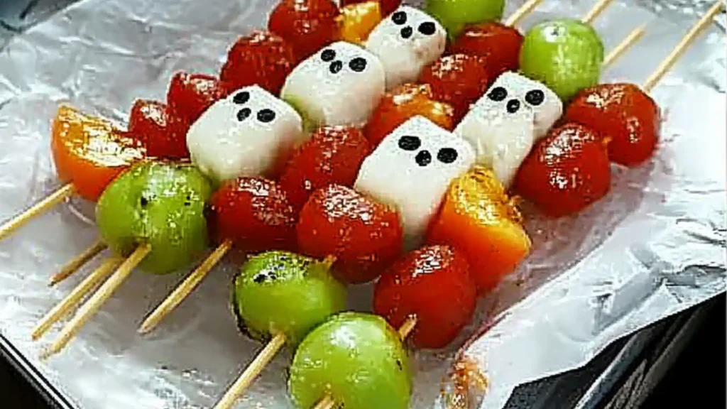 some fruit skewers are sitting on a table with the words ghost fruits and marshmallows