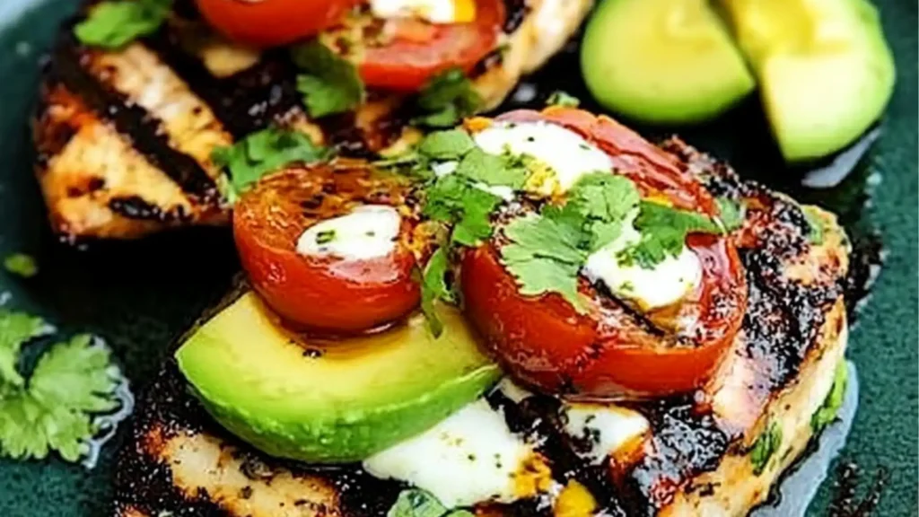 grilled chicken with avocado and tomatoes on top