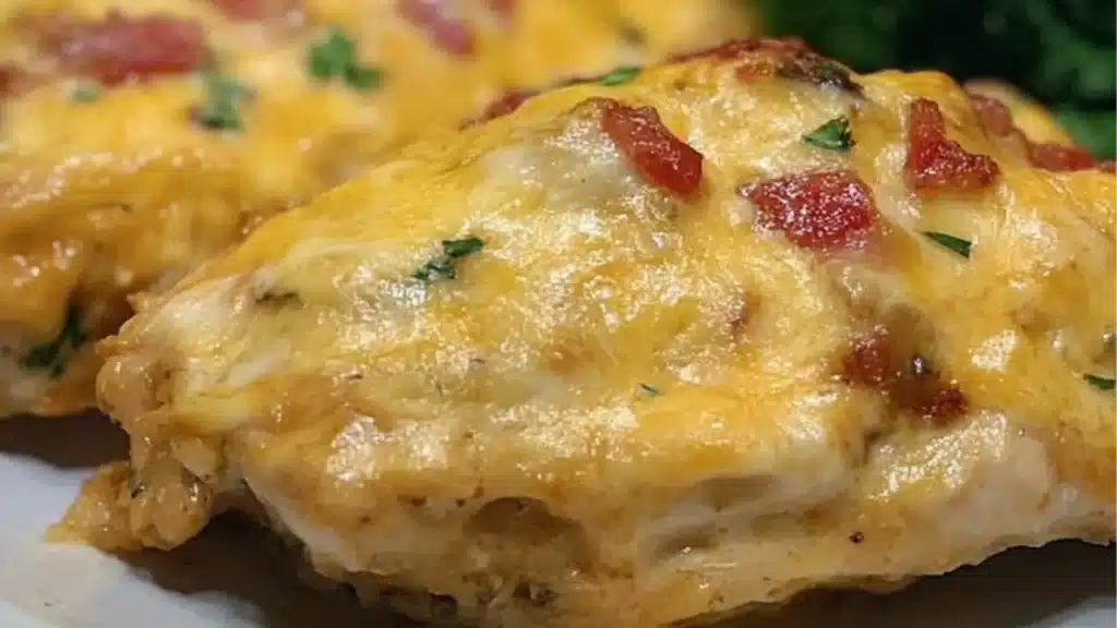 an advertisement for cheesey bacon chicken with green beans and asparagus on the side