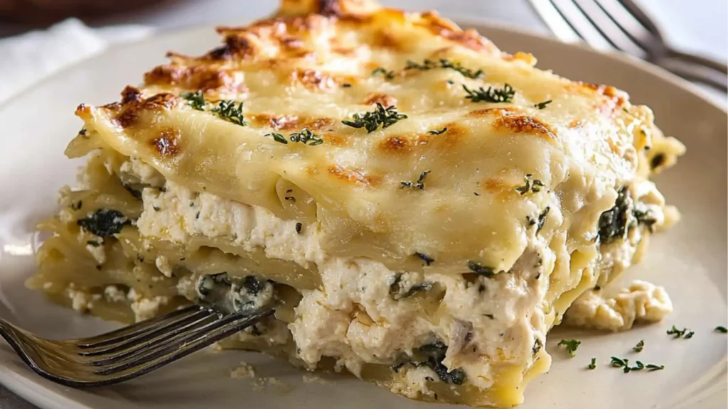 garlic chicken lasagna on a white plate with text overlay