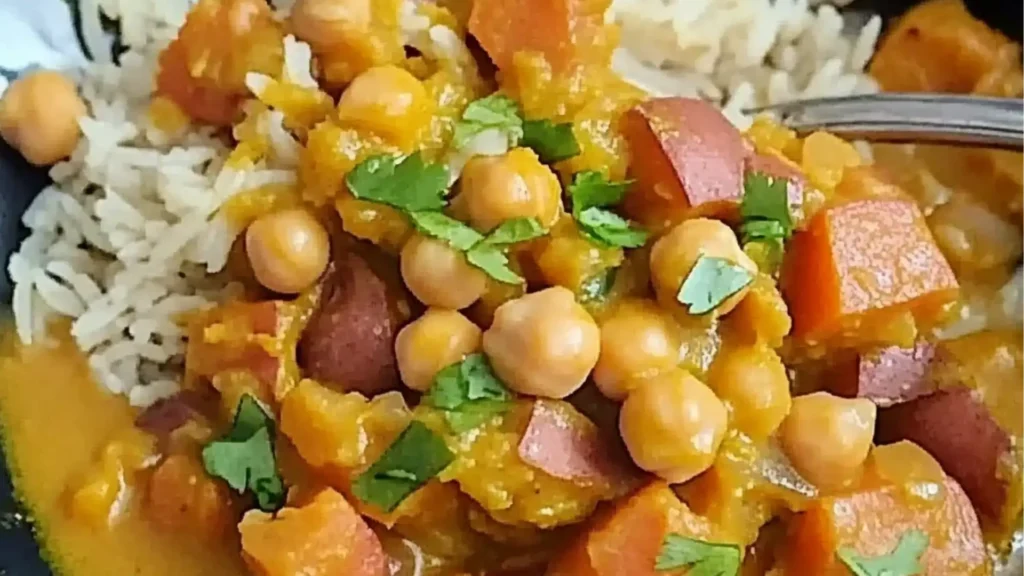 sweet potato and chickpea curry in a bowl with rice