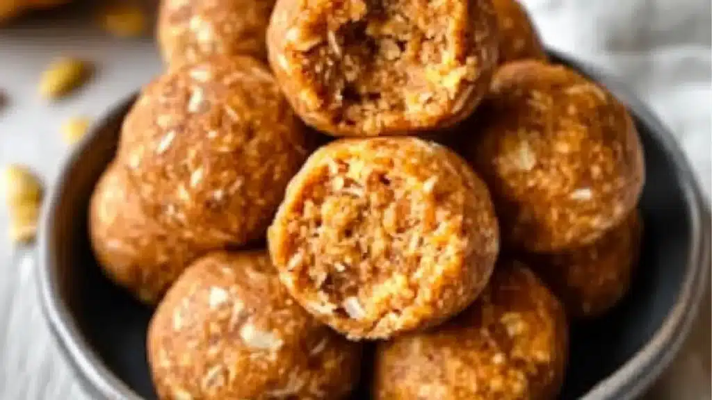 pumpkin protein balls in a white bowl with chocolate and oatmeal on the side