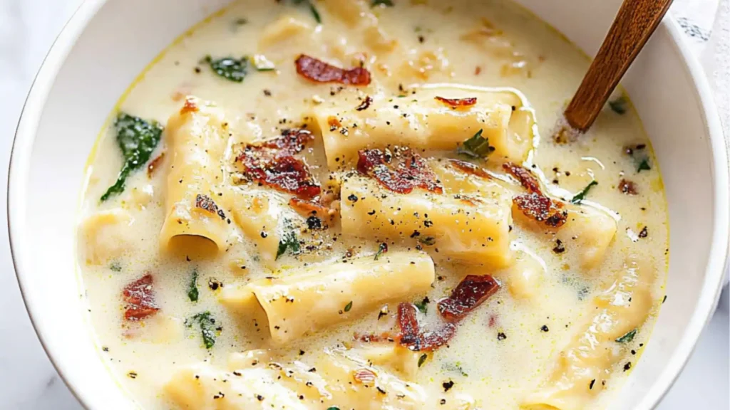 white lasagna soup with spinach and cheese in a casserole dish