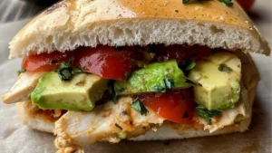 grilled chicken avocado melt sandwich with cheese and guacamole