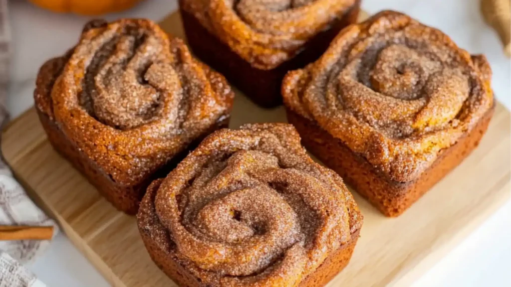 cinnamon sugar crunch pumpkin bread is cut in half and placed on a black cutting board