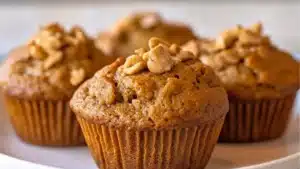 two muffins with text overlay that reads greek yogurt and high protein pumpkin muffins