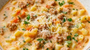 a bowl of pasta soup with meatballs and carrots
