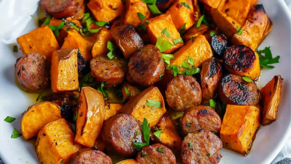 sheet pan sausage and sweet potatoes with honey garlic sauce is the perfect side dish for dinner
