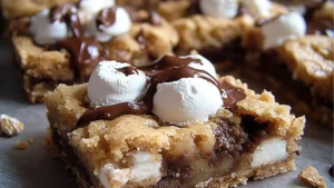 there are two pictures of cookies and one has marshmallows on it with the words s'mores cookie bars