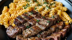 a bowl filled with pasta and meat on top of a table
