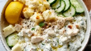 two bowls filled with dump and bake chicken tzatzki next to lemon wedges