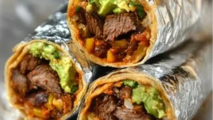 a burrito with meat, cheese and vegetables on it