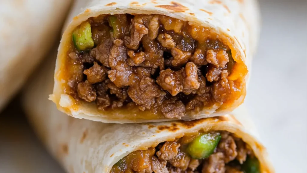 a person holding up a half eaten sandwich with ground beef and rice in the middle