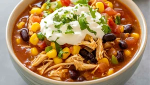 a ladle of soup with text overlay that reads creamy chicken taco soup