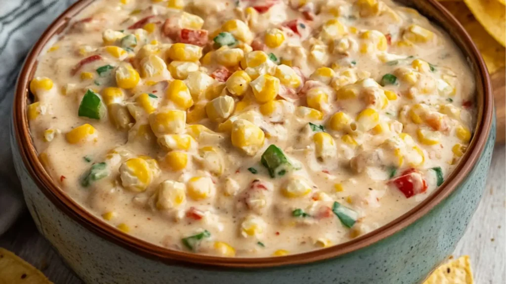 a white bowl filled with corn salad next to chips