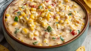 a white bowl filled with corn salad next to chips