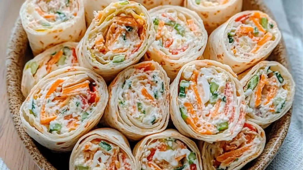 a close up of food on a plate with the words delicious vegetable tortilla roll ups