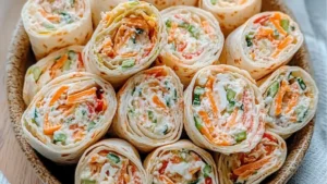 a close up of food on a plate with the words delicious vegetable tortilla roll ups